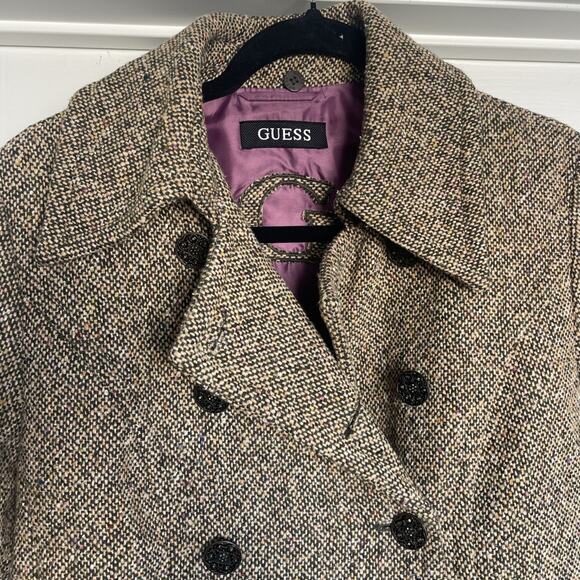 Vintage Guess Tweed Long Trench Coat Women's Large Wool Rare Find 90s - Picture 1 of 15
